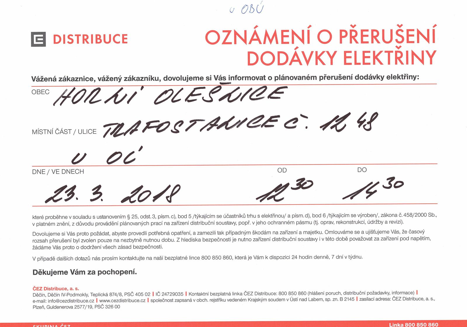Oznámení o přerušení dodávky elektřiny dne 23.3.2018 Horní Olešnice u OÚ
