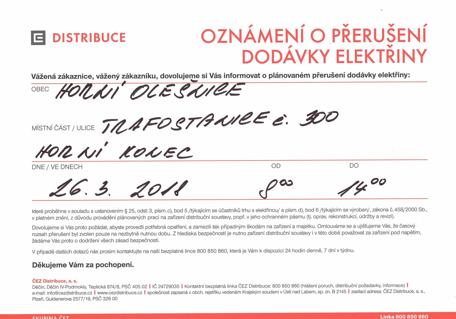 Oznámení o přerušení dodávky elektřiny dne 23.3.2018 Horní Olešnice, horní konec