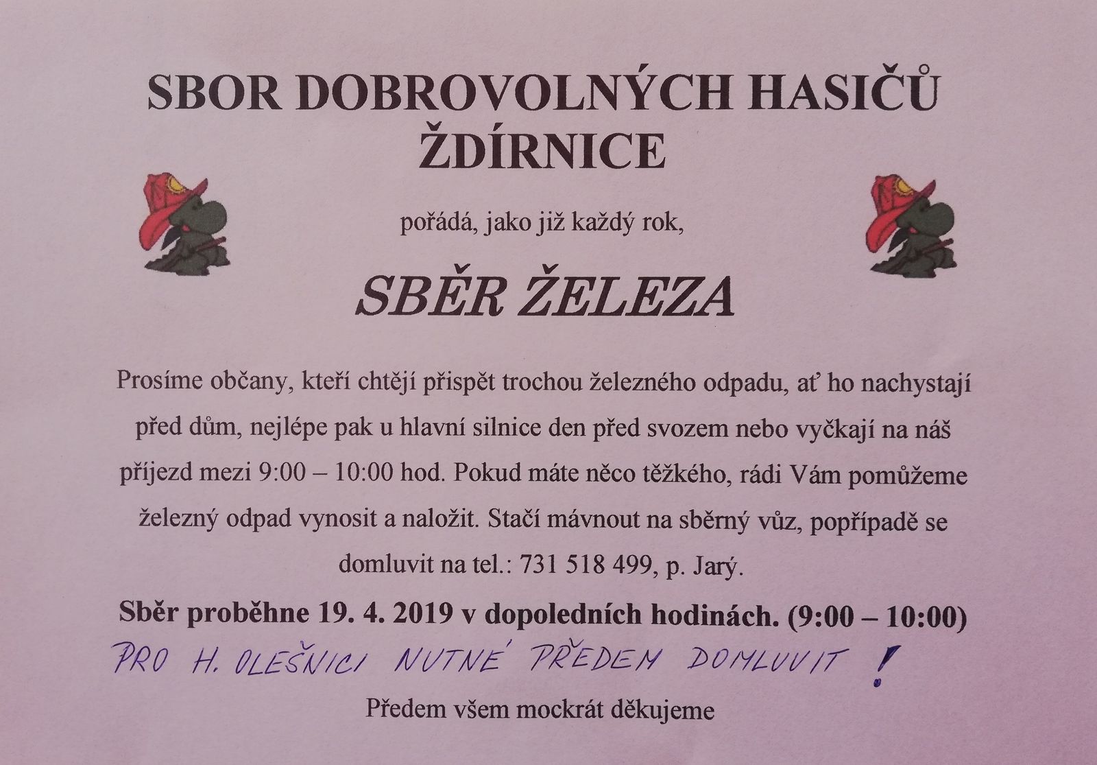 SDH Ždírnice pořádá "Sběr železa" dne 19.04.2019