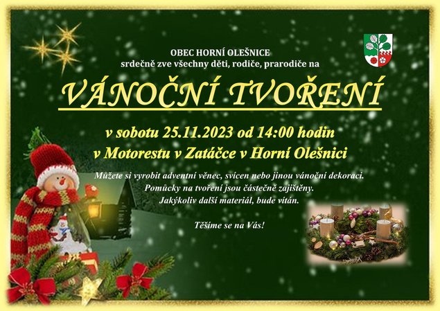 Pozvánka na "Vánoční tvoření" v Horní Olešnici dne 25.11.2023