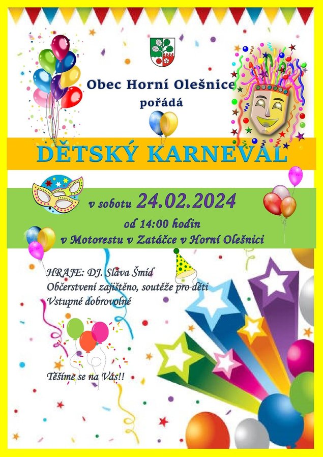 Pozvánka na "Dětský karneval" v Horní Olešnici dne 24.02.2024