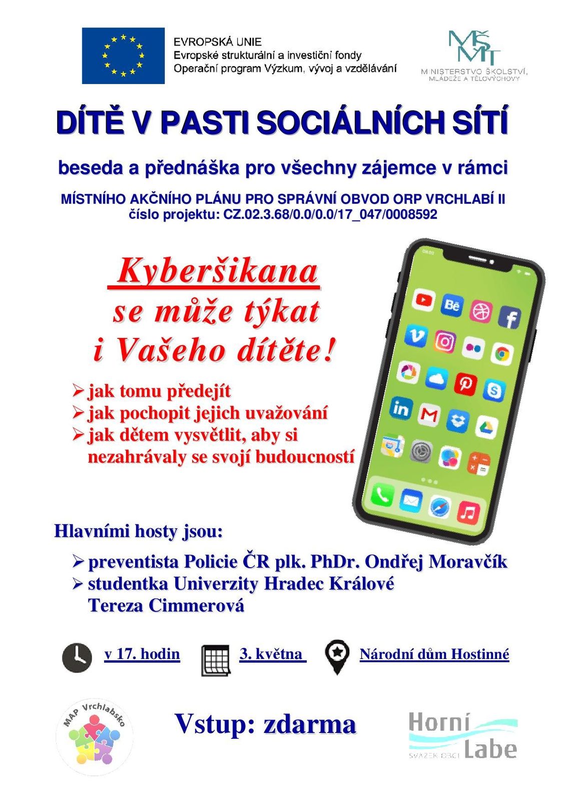 Pozvánka na přednášku "Dítě v pasti sociálních sítí" v Národním domě v Hostinném 3.5.2022