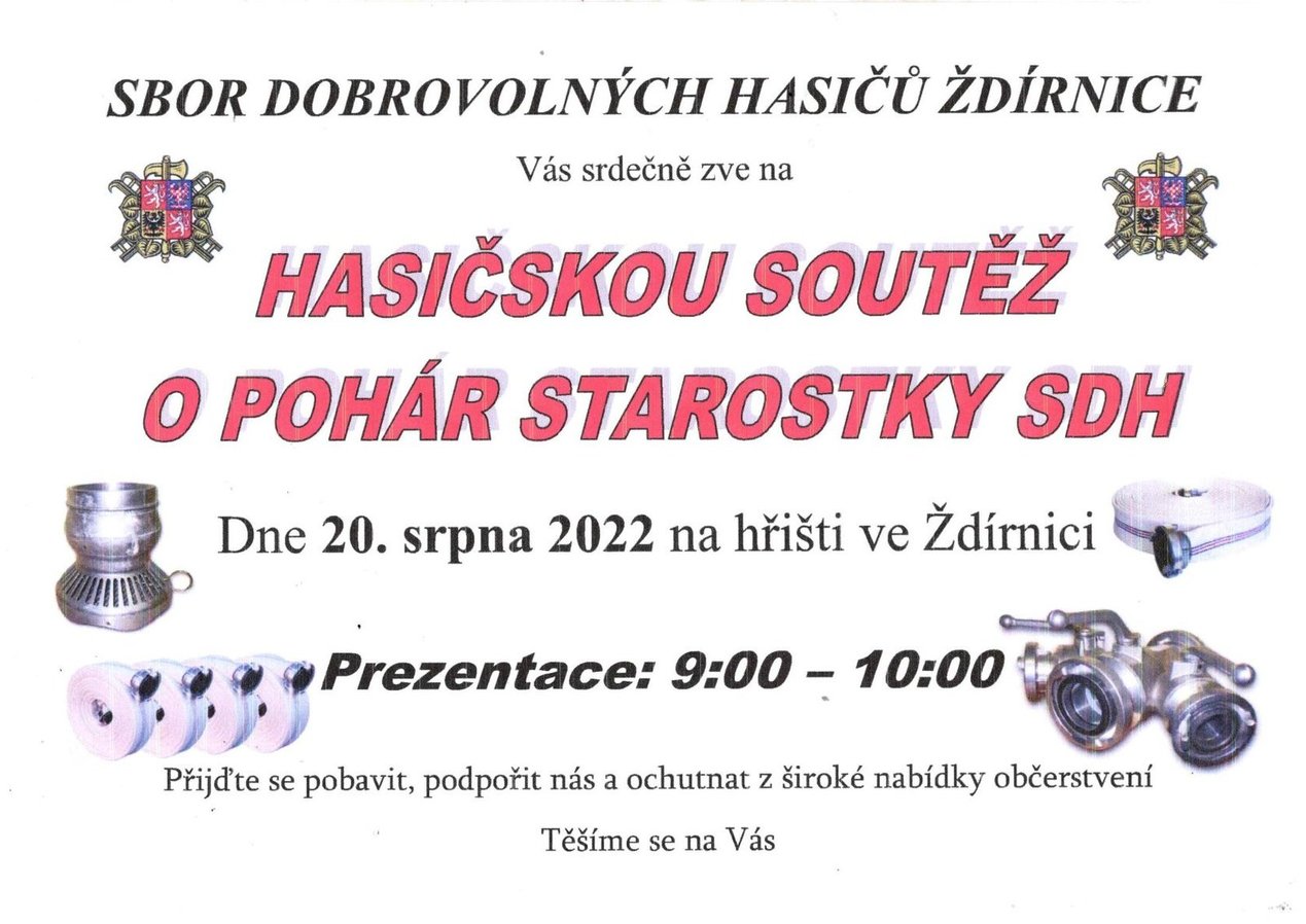 Pozvánka od SDH Ždírnice na "Hasičskou soutěž o pohár starostky SDH" dne 20.08.2022