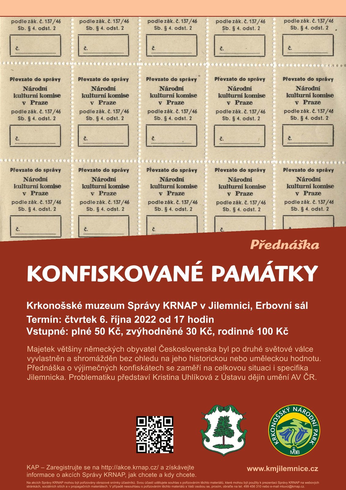 Pozvánka do Krkonošského muzea v Jilemnici na přednášku "Konfiskované památky"