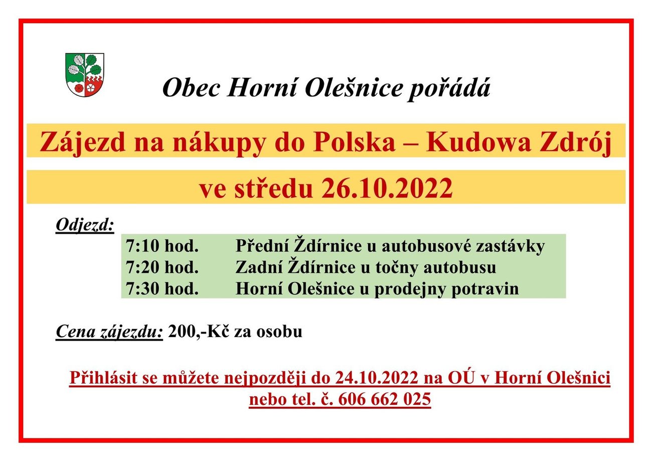 Obec Horní Olešnice pořádá "Zájezd do Polska - Kudowa Zdrój" ve středu 26.10.2022