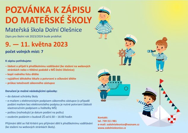 Pozvánka k zápisu do Mateřské školy Dolní Olešnice 9.-11.5.2023